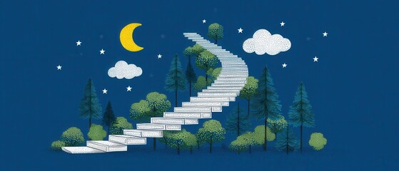 Journey of change milestone pathway through nature digital art nighttime surreal concept