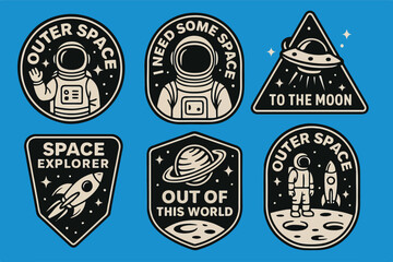 A collection of vintage space-themed badge illustrations with astronauts, rockets, planets, UFOs, and space exploration quotes. Perfect for stickers, patches, t-shirts, and other designs.