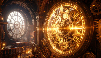 Fototapeta premium A large, ornate, golden clock dominates a dark, steampunk-inspired interior, its intricate gears glowing. Sunlight streams through a circular window, illuminating dust motes