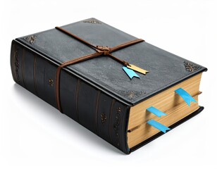 Old Hardcover Book with Brown Leather Binding and Blue Ribbons