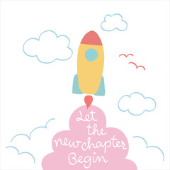 Rocket farewell card on cloud background