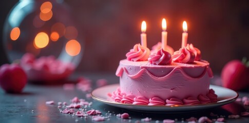 Delicate pink cake with lit candles, magical bokeh , blurred, whimsical