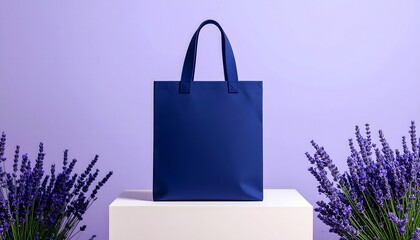 A vibrant blue tote bag stands elegantly on a platform, adorned with sprigs of lavender and a background of a soft, gradient purple. A tote bag placed on a podium in studio setting. 