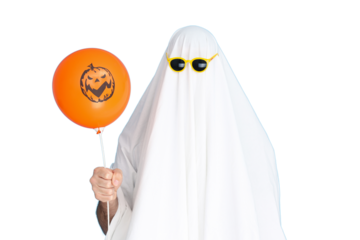 Ghost in shades holds orange balloon, isolated on white, PNG