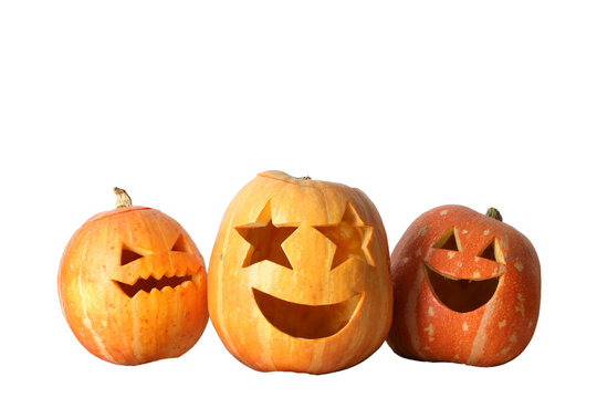 Cheerful pumpkins celebrate Halloween, isolated on white, PNG