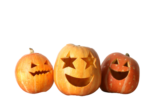 Cheerful pumpkins celebrate Halloween, isolated on white, PNG