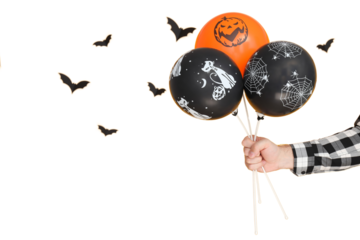 Halloween balloons with black bats, isolated on white, PNG