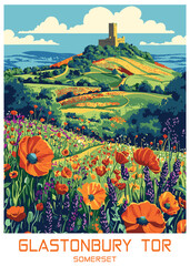 Glastonbury Tor Vector Illustration with Poppies and Landscape. © Gerald