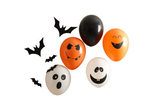 Five fun Halloween balloons in bright colors, isolated on white, PNG