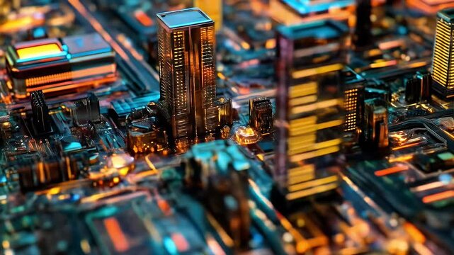 Detailed Close Up of a Futuristic Circuit Board with Blue and Orange Lights Computer Hardware and Intricate Microchip Designs for Technology