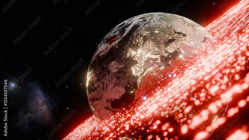 Wall mural glowing earth showing illuminated europe, africa, asia with digital red particles in outer space. 3d