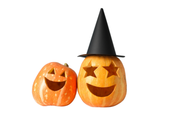 Two happy pumpkins for Halloween, isolated on white, PNG