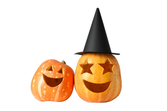 Two happy pumpkins for Halloween, isolated on white, PNG