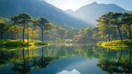 Fototapeta premium Serene lake, pine trees, mountain sunrise