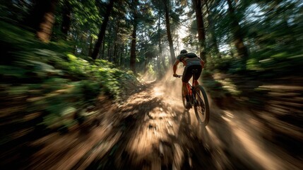 Lone mountain Biker Racing Through Forest Trail at Sunrise