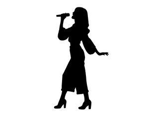 Silhouette of female singer singing, isolated icon on white background.	