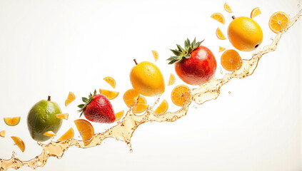 fruit splash strawberry and orange citrus juice juicy fruits fresh fruit motion lemon slice orange slice strawberry close-up fresh fruit background fruit with juice orange juice splash