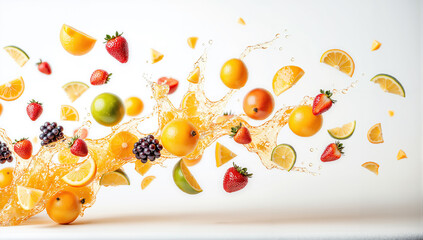 fruit splash strawberry and orange citrus juice juicy fruits fresh fruit motion lemon slice orange slice strawberry close-up fresh fruit background fruit with juice orange juice splash