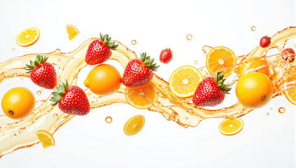 fruit splash strawberry and orange citrus juice juicy fruits fresh fruit motion lemon slice orange slice strawberry close-up fresh fruit background fruit with juice orange juice splash