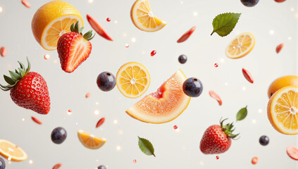 fruit splash strawberry and orange citrus juice juicy fruits fresh fruit motion lemon slice orange slice strawberry close-up fresh fruit background fruit with juice orange juice splash