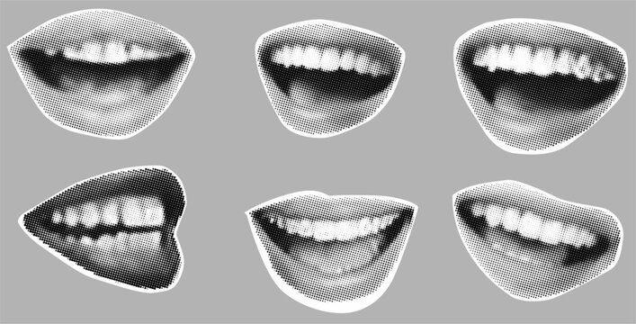 halftone collage of lips, teeth and tongue with smile Dotted pop art style. Contemporary vector illustration.