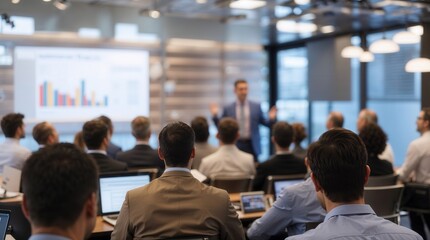 Fototapeta premium Business People Meeting and Working while Business Executive Lead Presenter Speaks to Group of Successful Technology Entrepreneurs. Consultant Advisor. Growth Training Lecture. Defocused Blurred
