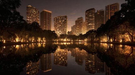 Naklejka premium Cityscape at Night Reflected in Pond