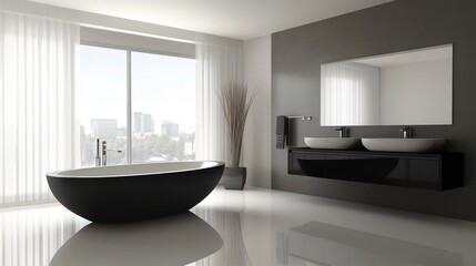 Minimalist bathroom with modern vanity and freestanding tub