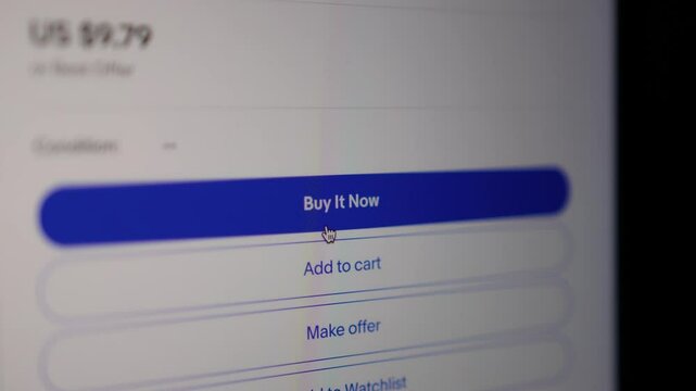 Close up of a screen displaying a blue &ldquo;Buy It Now&rdquo; button being clicked, with options like &ldquo;Add to cart&rdquo; and &ldquo;Make offer&rdquo; below it