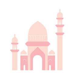 2D pastel pink mosque with two minarets and arched doorway, designed for Islamic events like Eid, Ramadan, and Muslim prayers.