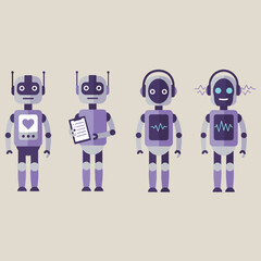 set minimalist geometric flat vector design of counseling and mental wellness robots