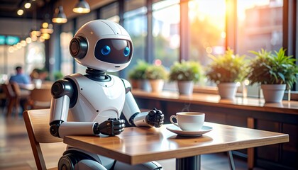 A white robot sits in a cafe, holding a coffee cup.
