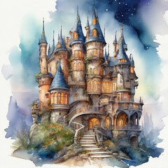 Twisted Fairytale Castle in Cutaway Style Watercolor
