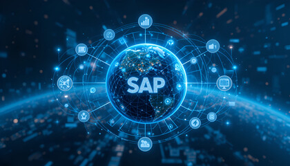 Glowing globe symbolizes SAP integration with digital interface elements, offering an abstract representation of global connectivity and technological solutions.