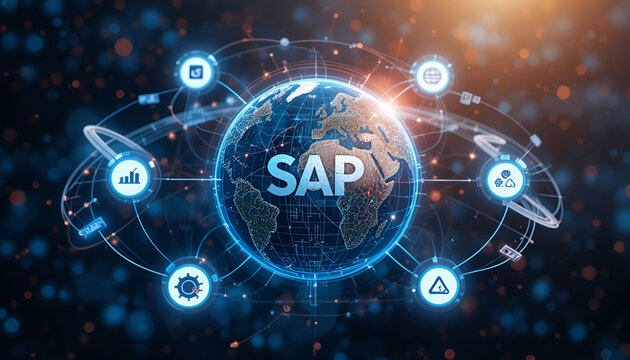 SAP technology shown with an Earth globe at the center, surrounded by icons representing various business processes and digital integrations.