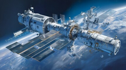 Workers are engaged in the assembly of a space-based solar power satellite in low Earth orbit