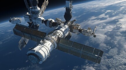 Assembly of a space-based solar power satellite in low Earth orbit illustrates innovative engineering and teamwork among astronauts on the international space station and satellite modules