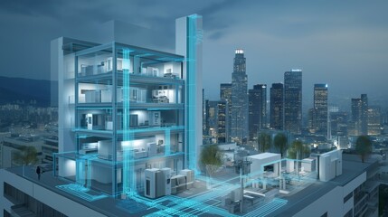 A modern smart building showcases integrated energy management technology, optimizing energy use while overlooking a vibrant city skyline in the evening light