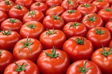 Fototapeta premium A large number of ripe red tomatoes with green stems, arranged closely together.
