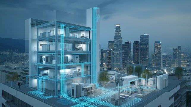 A modern smart building showcases integrated energy management technology, optimizing energy use while overlooking a vibrant city skyline in the evening light - Powered by Adobe