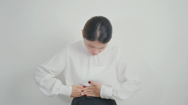 Business Woman having Pancreatitis for Pancreas pain and disease, Gallbladder, Bile Duct, Duodenum, Small intestine. Pancreatic cancer, Acute and Chronic pancreatitis, Digestive system and Health