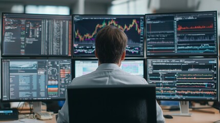 A professional is focused on training a machine learning model designed for energy optimization. Multiple screens display data analytics and graphs in a contemporary office environment