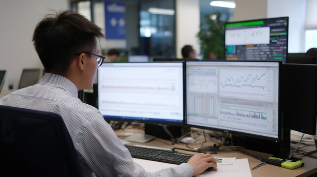 Professionals analyze data on multiple monitors while training machine learning algorithms focused on optimizing energy usage during work hours in a modern office