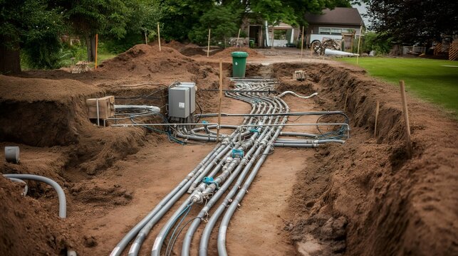 Ground loop piping installation is underway in a yard, with multiple pipes laid in a trench for residential geothermal heating