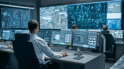 Experts monitor data and systems in a modern control room focused on AI-assisted grid optimization and load management to enhance efficiency and reliability