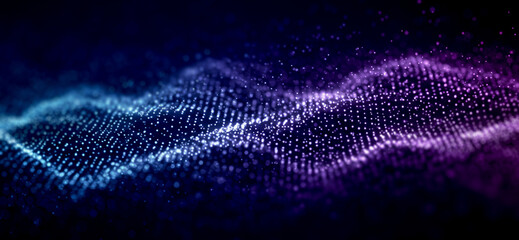 Abstract digital wave with blue and purple particles against a dark background. Designed for futuristic circuit presentations, UI overlays