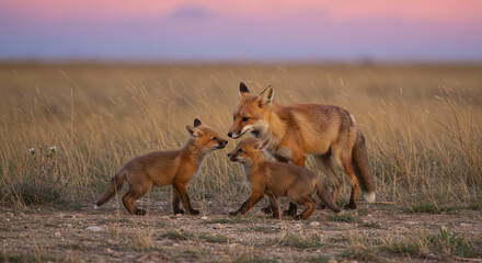 Mother fox with her three cubs playing in a dry meadow.


