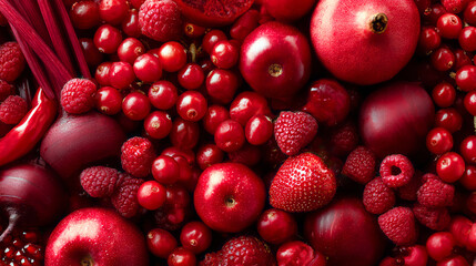 Vibrant assortment of red fruits and vegetables including apples, raspberries, and pomegranates