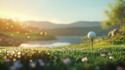 Golf club hitting a ball on a tee with a beautiful, blurred background