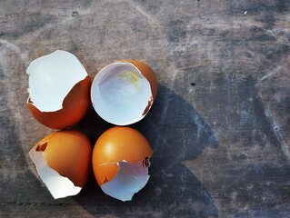 Four brown eggshells broken and arranged on a textured surface with soft natural light. The image...